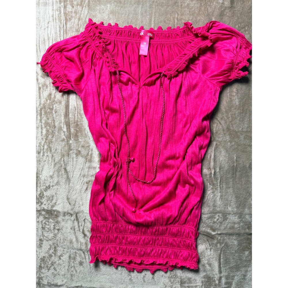 Mix & Co Womens Hot Pink Smocked‎ Peasant Ruffle Top Size M Boho Y2K Barbiecore